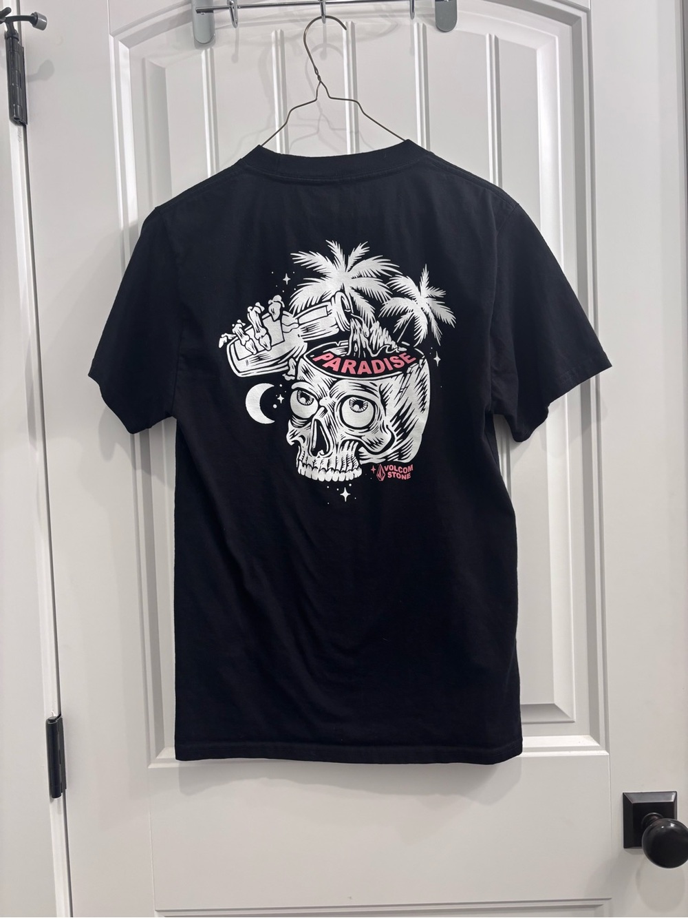 Volcom Black Tee with White and Pink 'Paradise' Skull Graphic
